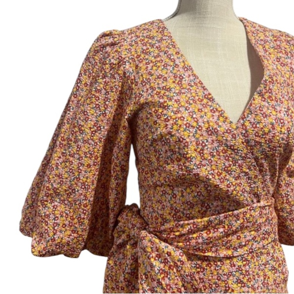 MINKPINK Morwell Cotton Mini Wrap Crepe Dress Puff Sleeves Tag XL Fits Sz Med - Picture 7 of 10